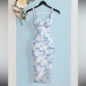 Blue Floral Midi Dress with Corset Bodice